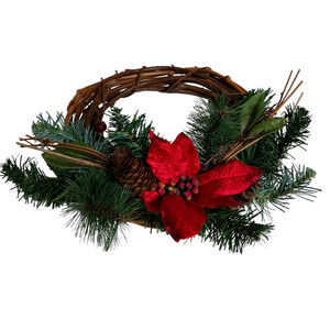 Rustic 12” Grapevine Christmas Wreath with Poinsettia & Pinecone Holiday Décor